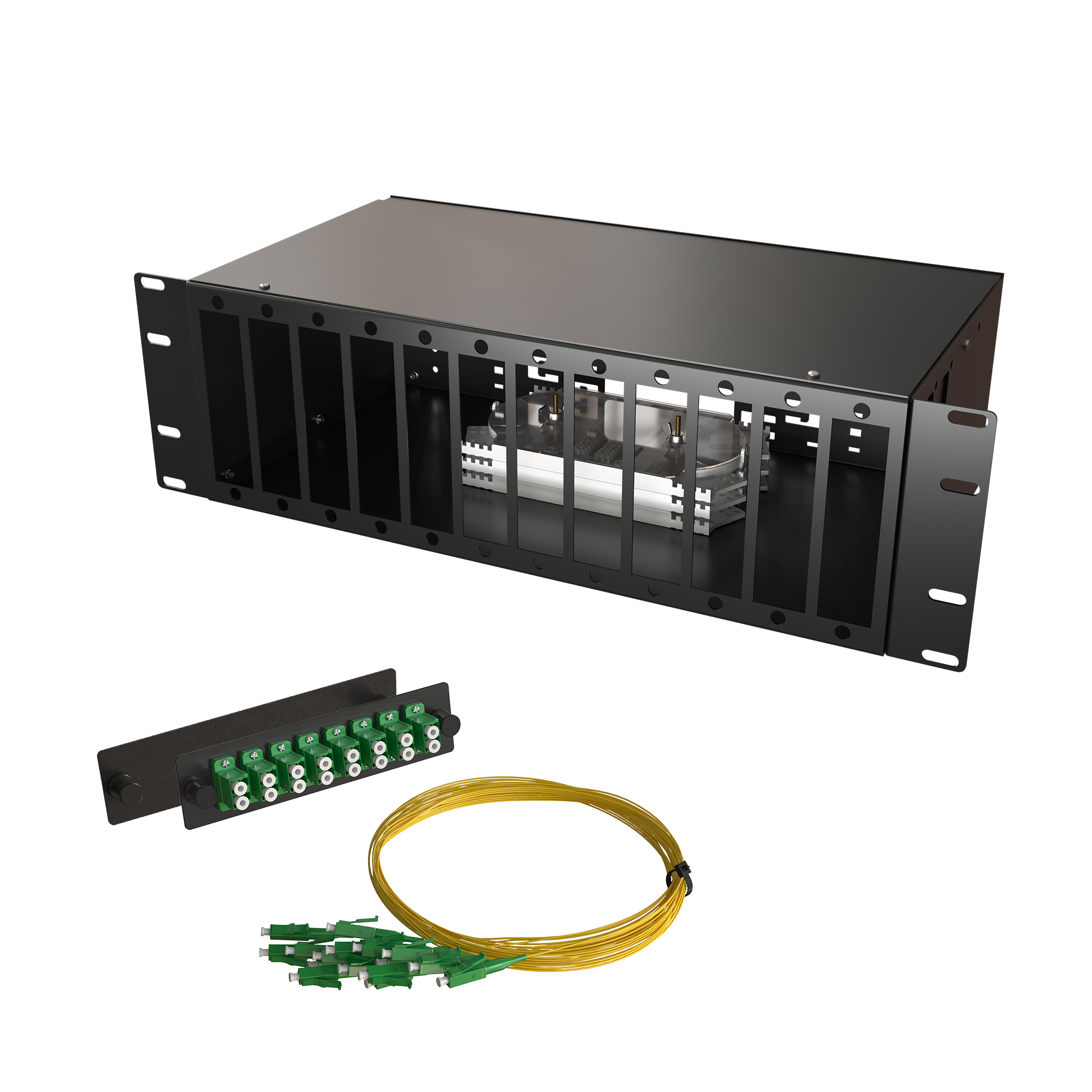 Кросс КСП, стационарный, полный комплект, 64 розетки 2LC/APC, SM 9/125 OS2, 128 портов, 3U, цвет черный