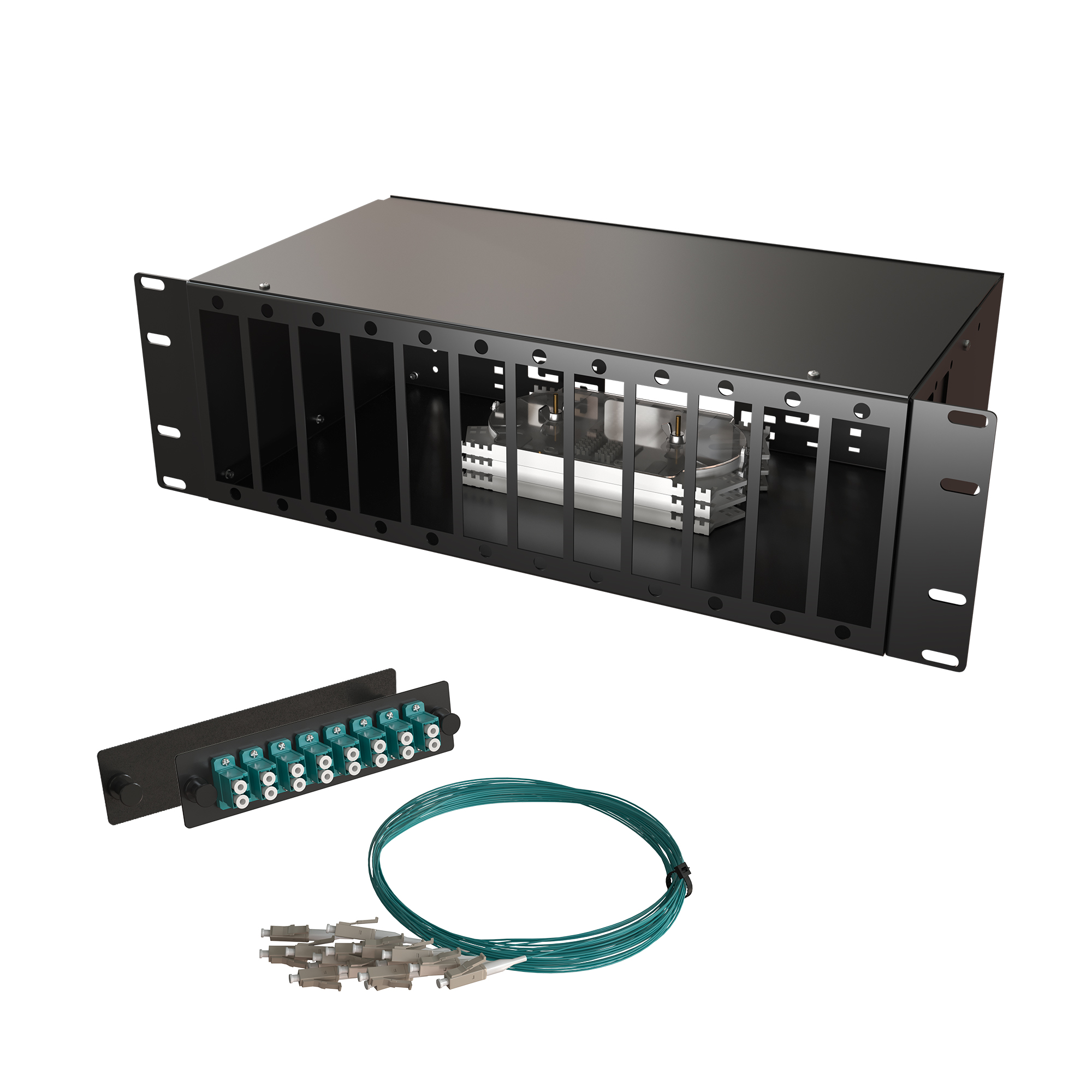 Кросс КСП, стационарный, полный комплект, 64 розетки 2LC/UPC, MM 50/125 OM3, 128 портов, 3U, цвет черный