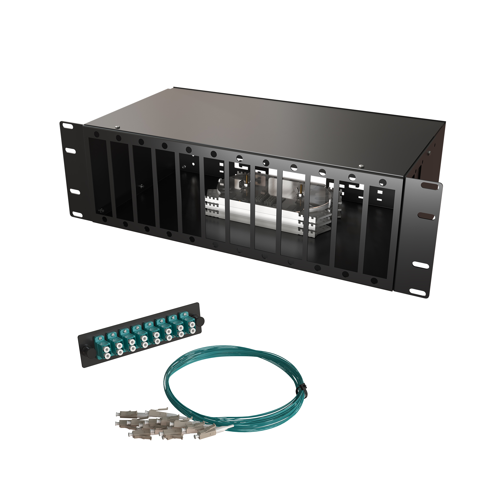 Кросс КСП, стационарный, полный комплект, 96 розеток 2LC/UPC, MM 50/125 OM3, 192 порта, 3U, цвет черный