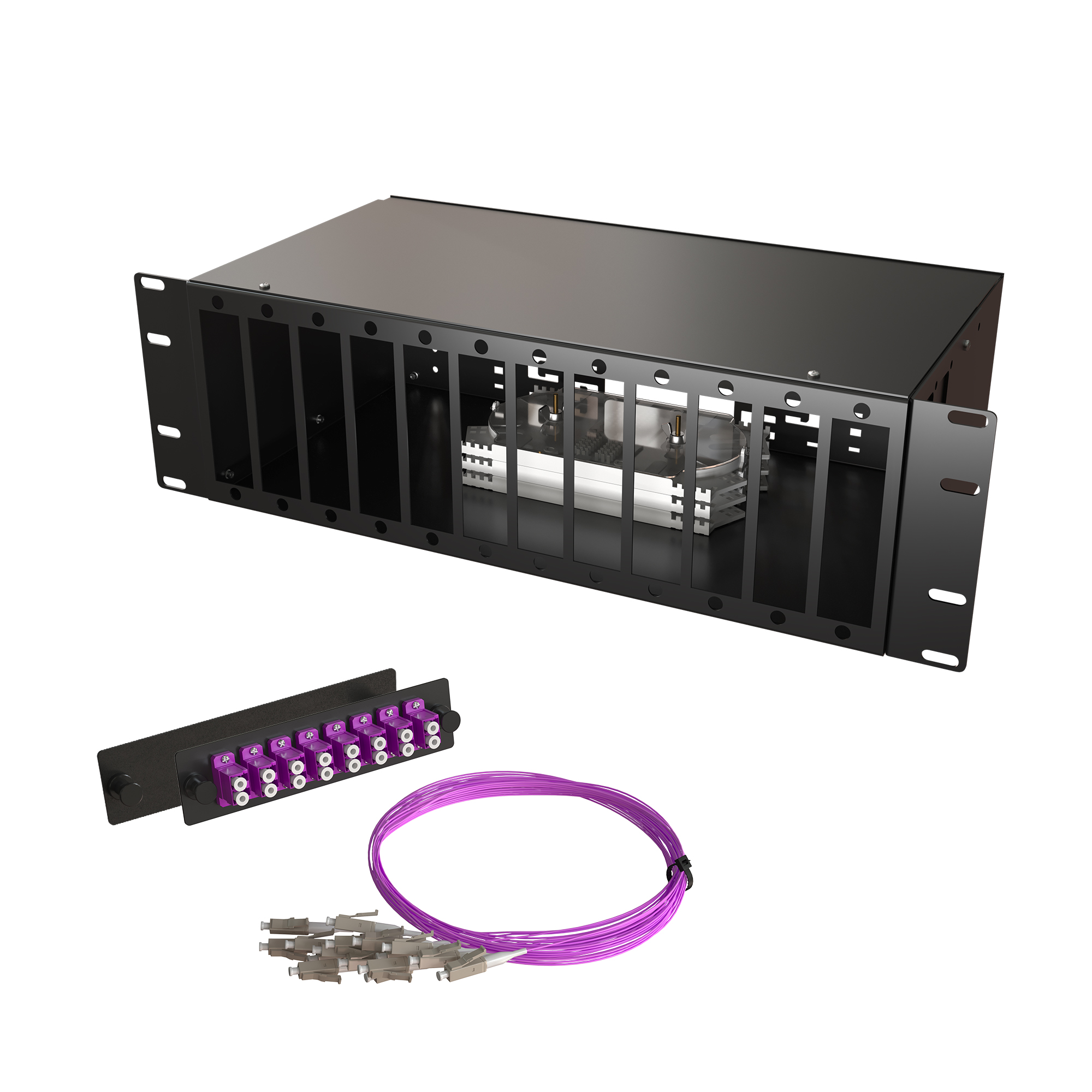 Кросс КСП, стационарный, полный комплект, 64 розетки 2LC/UPC, MM 50/125 OM4, 128 портов, 3U, цвет черный
