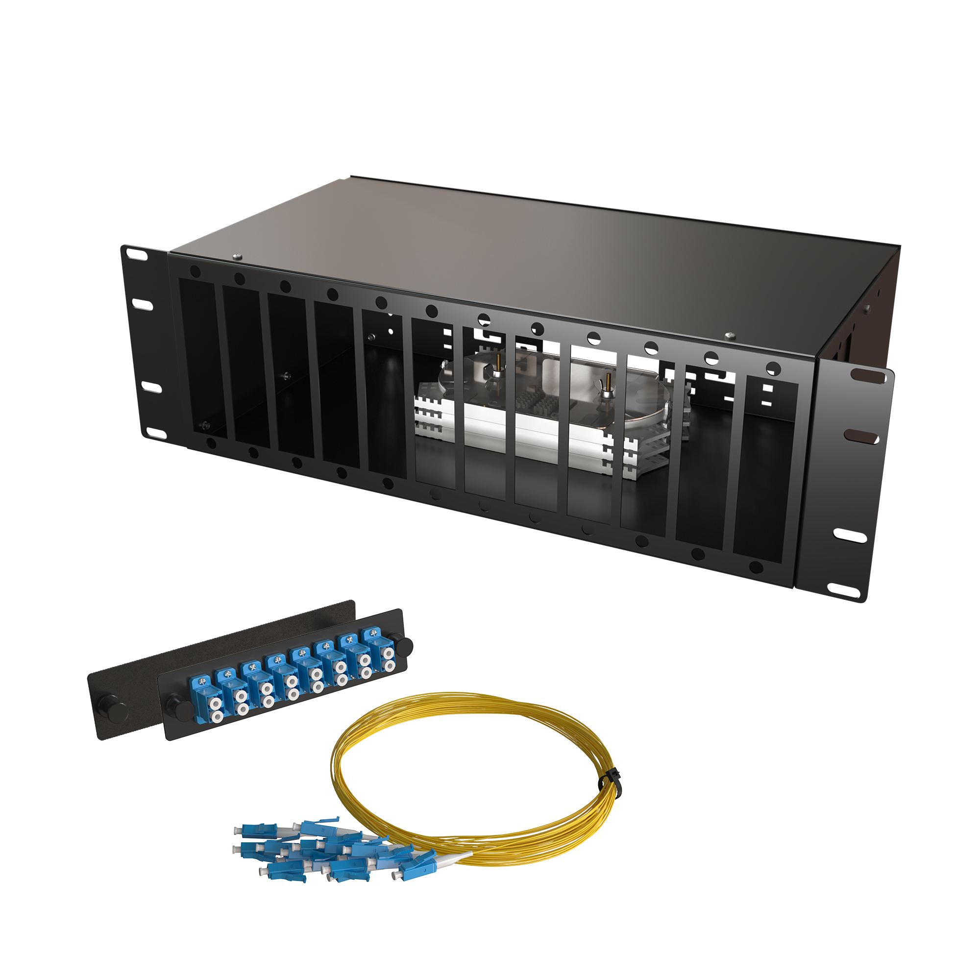 Кросс КСП, стационарный, полный комплект, 64 розетки 2LC/UPC, SM 9/125 OS2, 128 портов, 3U, цвет черный