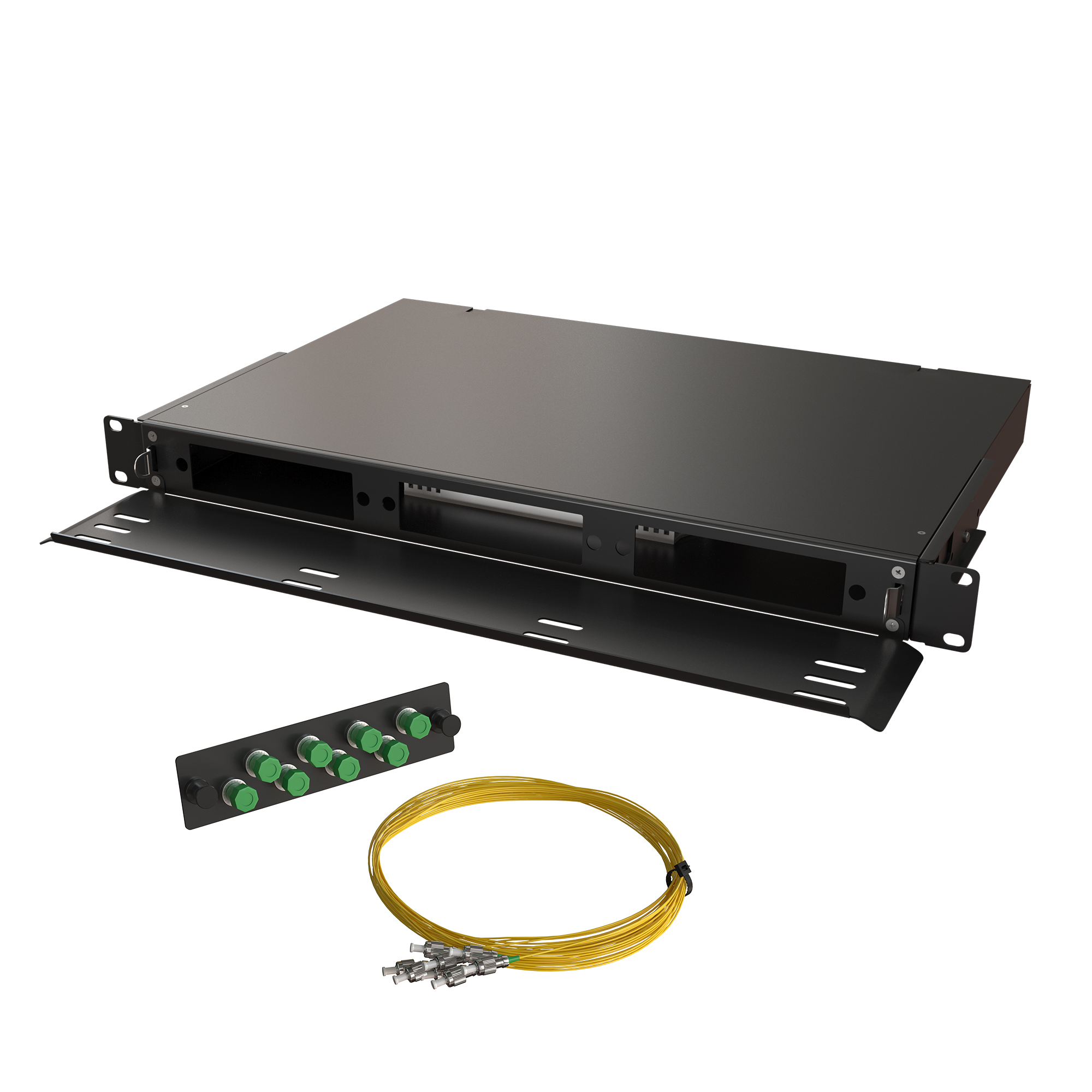 Кросс КТП, выдвижной, полный комплект, FC/APC, SM 9/125 OS2, 24 порта, 1U, цвет черный