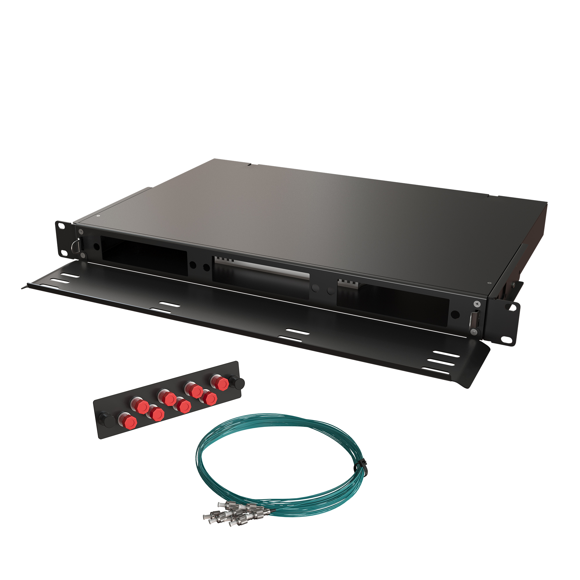 Кросс КТП, выдвижной, полный комплект, FC/UPC, MM 50/125 OM3, 24 порта, 1U, цвет черный