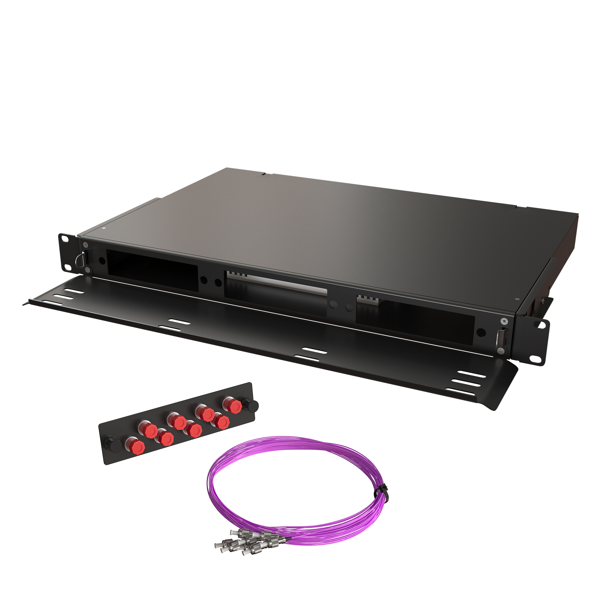 Кросс КТП, выдвижной, полный комплект, FC/UPC, MM 50/125 OM4, 24 порта, 1U, цвет черный