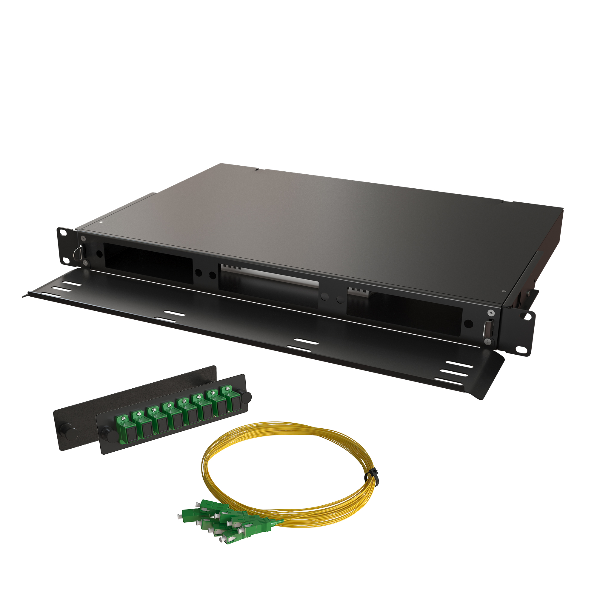 Кросс КТП, выдвижной, полный комплект, SC/APC, SM 9/125 OS2, 8 портов, 1U, цвет черный