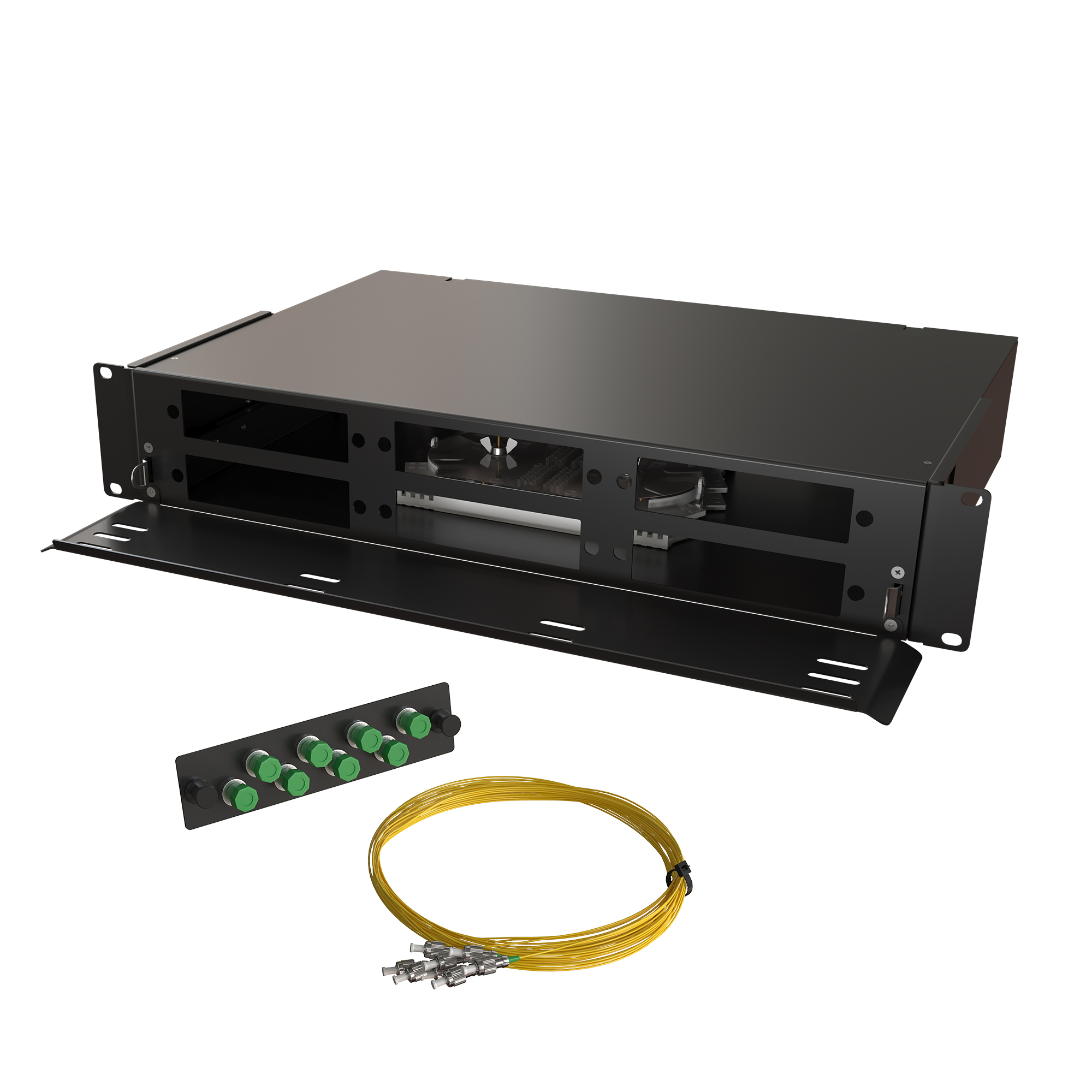 Кросс КТП, выдвижной, полный комплект, FC/APC, SM 9/125 OS2, 48 портов, 2U, цвет черный