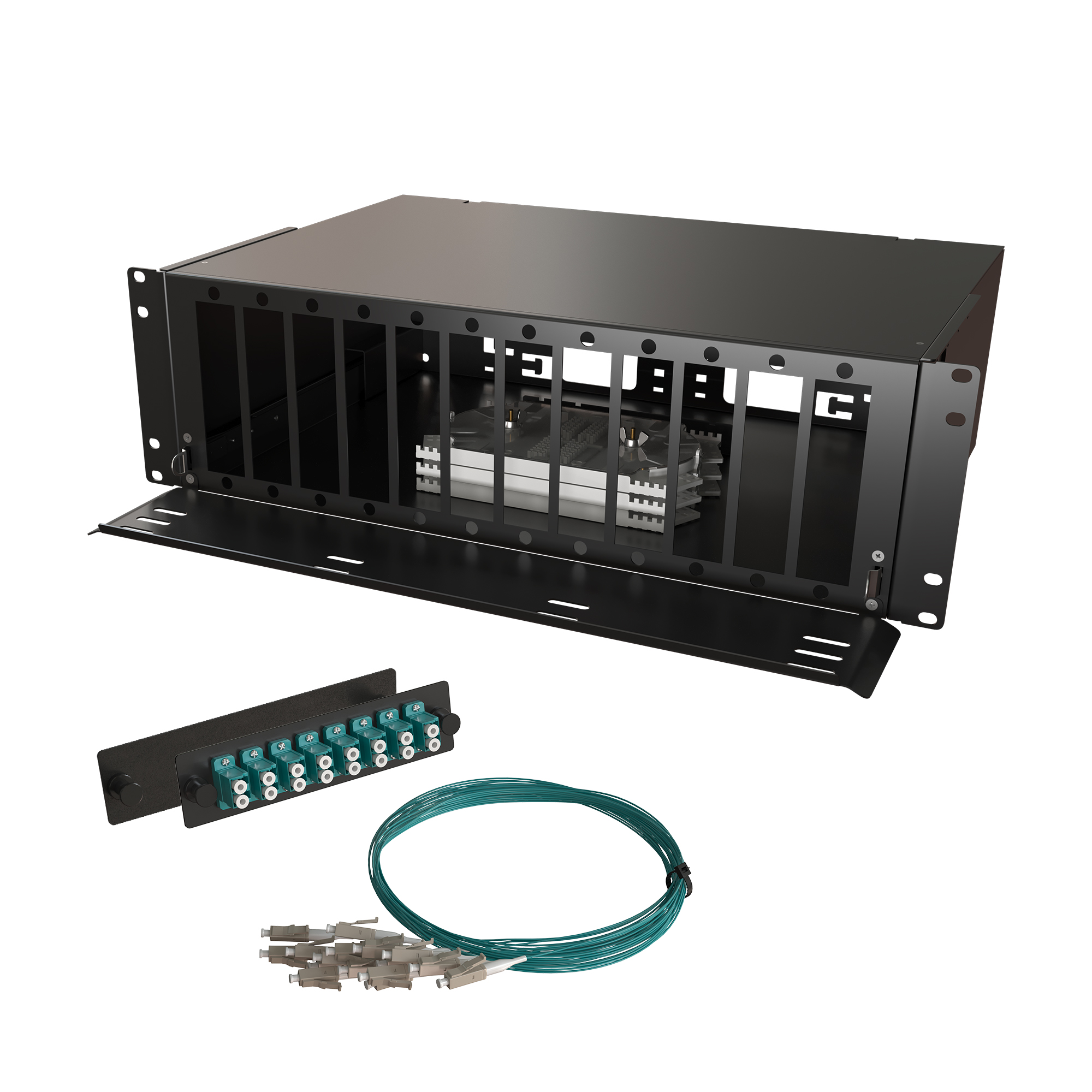 Кросс КТП, выдвижной, полный комплект, 64 розетки 2LC/UPC, MM 50/125 OM3, 128 портов, 3U, цвет черный