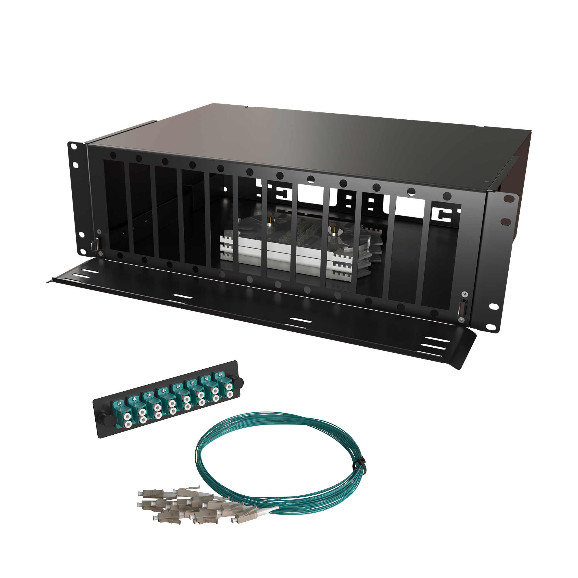 Кросс КТП, выдвижной, полный комплект, 96 розеток 2LC/UPC, MM 50/125 OM3, 192 порта, 3U, цвет черный