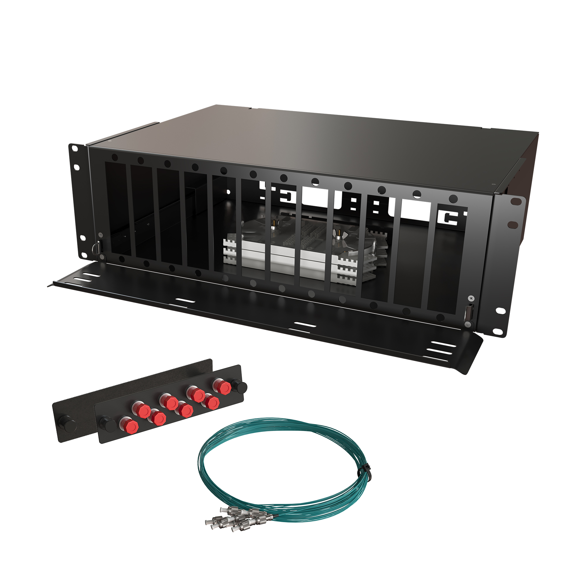 Кросс КТП, выдвижной, полный комплект, FC/UPC, MM 50/125 OM3, 64 порта, 3U, цвет черный