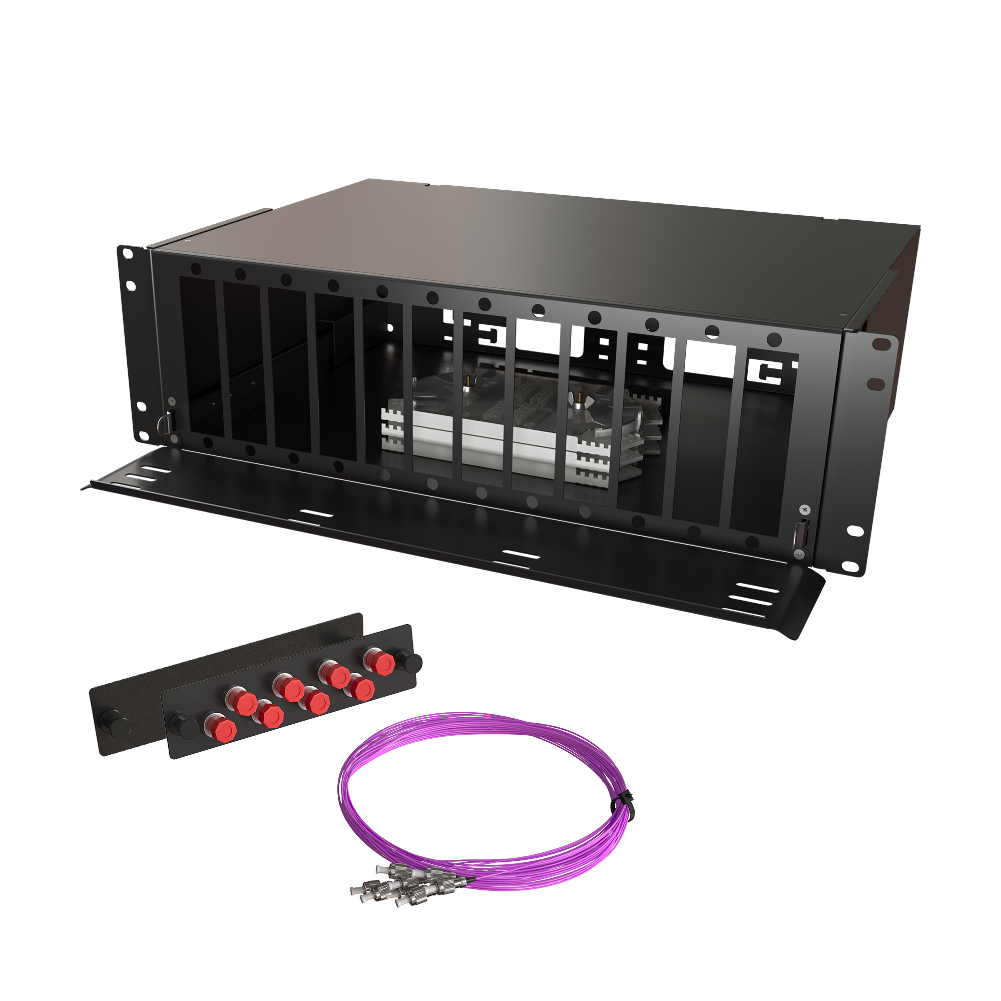Кросс КТП, выдвижной, полный комплект, FC/UPC, MM 50/125 OM4, 64 порта, 3U, цвет черный