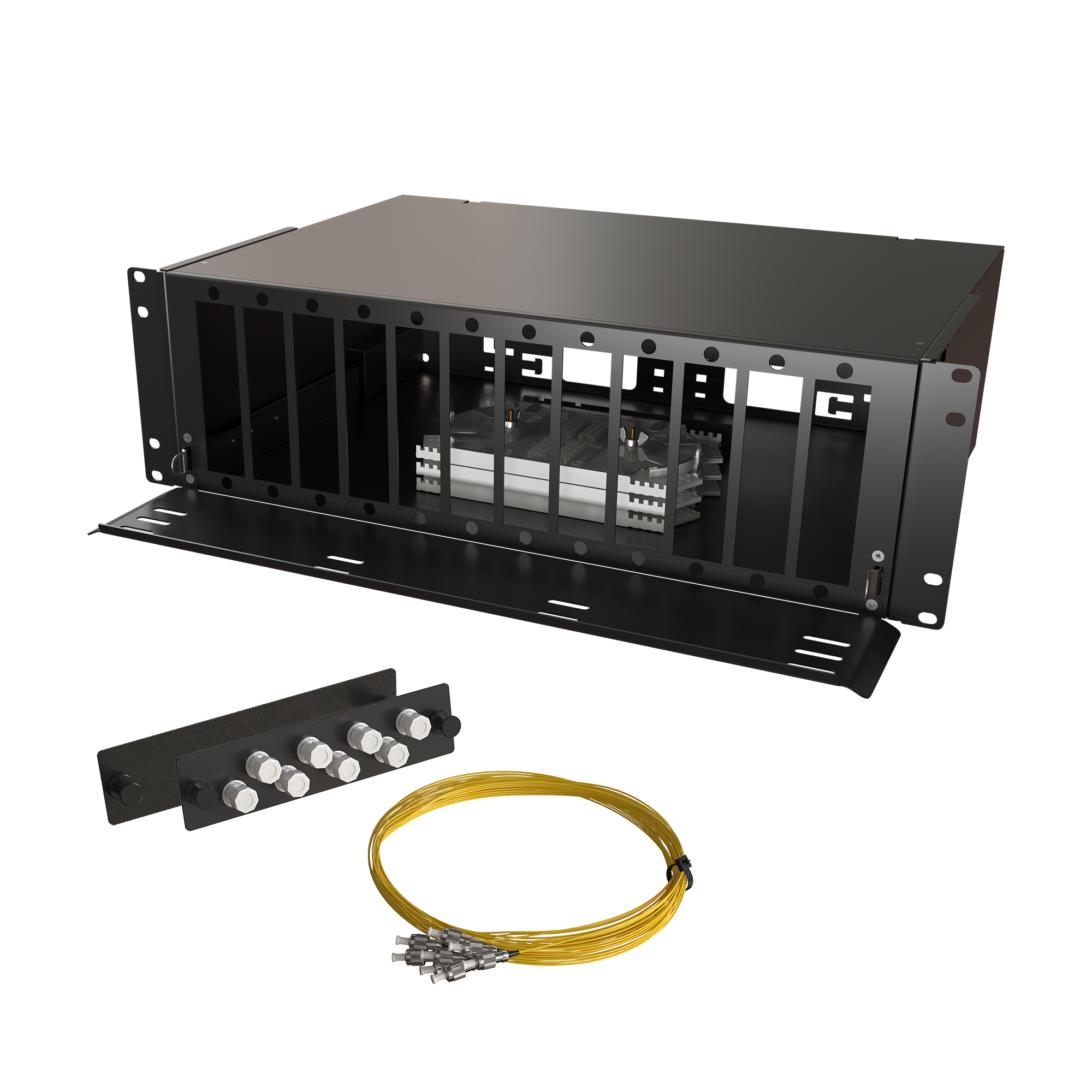 Кросс КТП, выдвижной, полный комплект, FC/UPC, SM 9/125 OS2, 64 порта, 3U, цвет черный