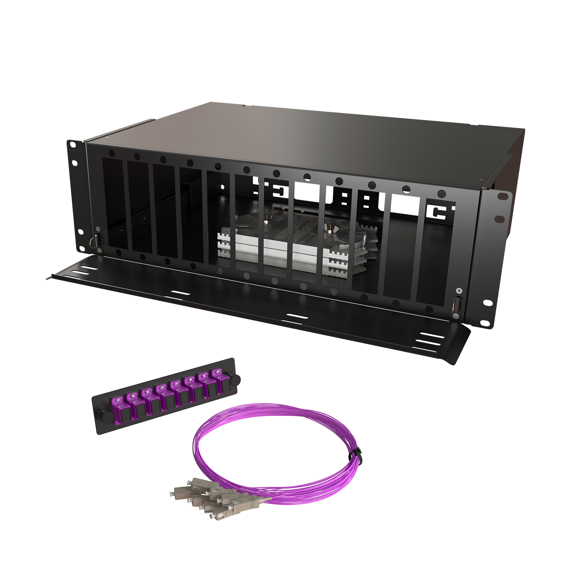Кросс КТП, выдвижной, полный комплект, SC/UPC, MM 50/125 OM4, 96 портов, 3U, цвет черный
