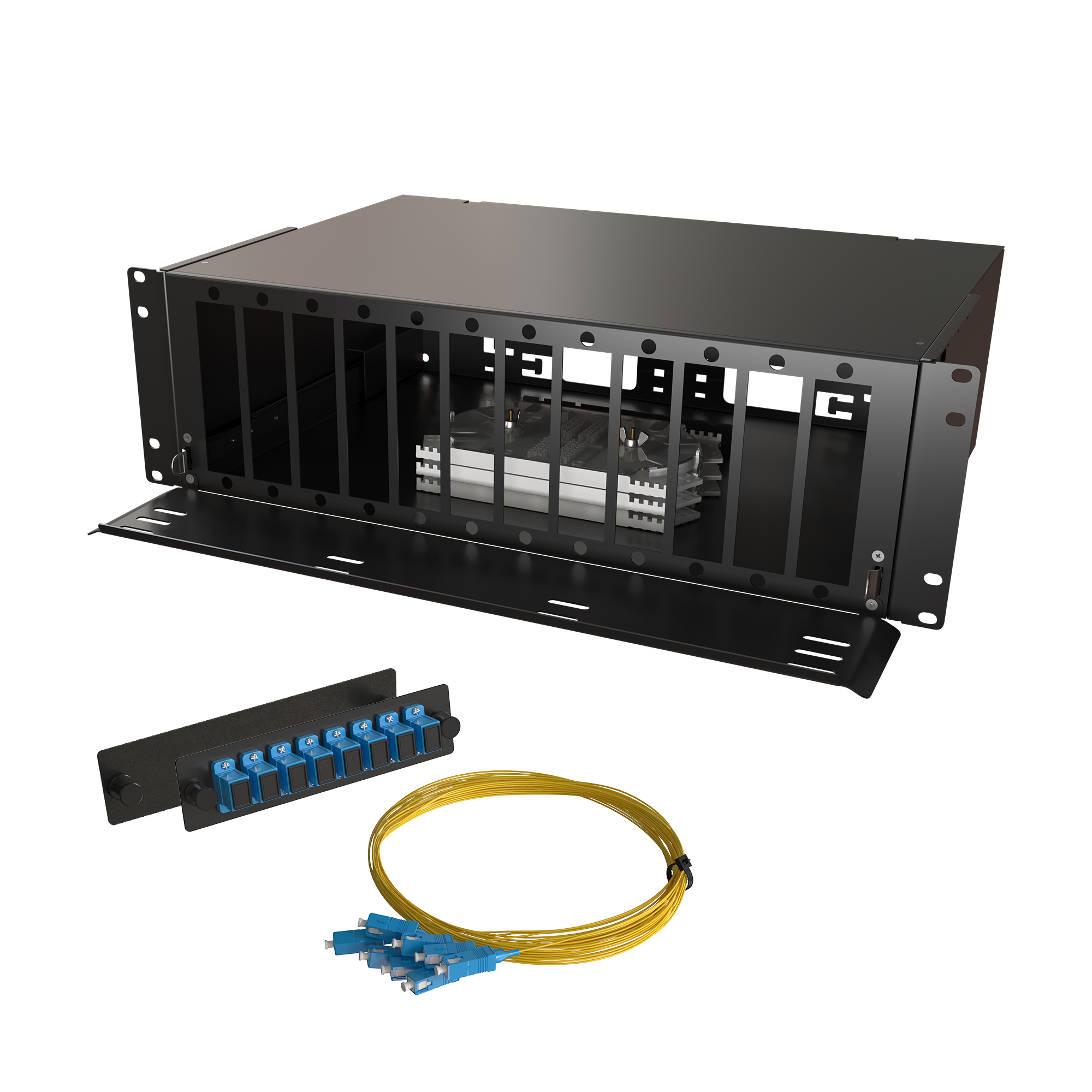 Кросс КТП, выдвижной, полный комплект, SC/UPC, SM 9/125 OS2, 64 порта, 3U, цвет черный