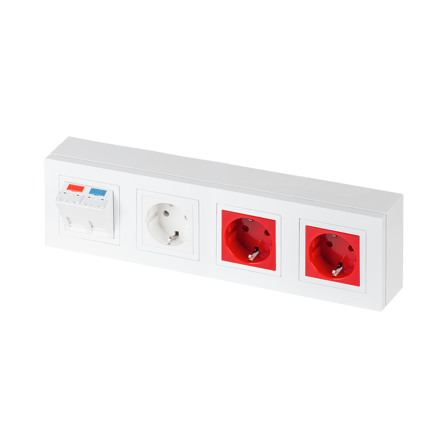 Рабочее место расширенное, наст. исп., 300х84, 2 модуля RJ-45, категория 5e STP, 1 розетка Shuko белая, 2 розетки Shuko красные, цвет белый
